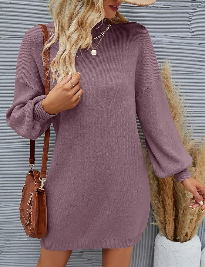 ZESICA Women's 2026 Fall Turtleneck Sweater Dress Oversized Long Lantern Sleeve Casual Knit Pullover Mini Dresses