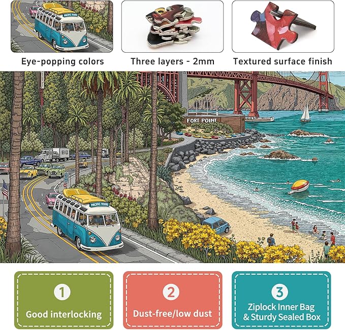 Naturelish 1000 Piece Jigsaw Puzzle for Adults, Cityscape Jigsaw Puzzle, Vibrant California Coastline with Golden Gate Bridge, Palm Trees & Tour Bus, Challenging Art Puzzle, 22.5 x 22.5 in