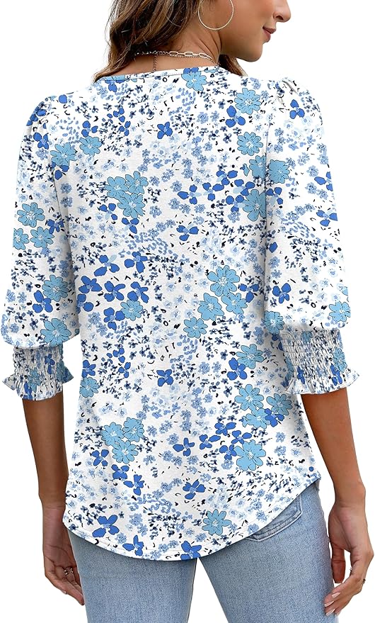 XIEERDUO Blouses for Women Dressy Casual 3/4 Length Sleeve Womens Tops with Smocked Cuffs
