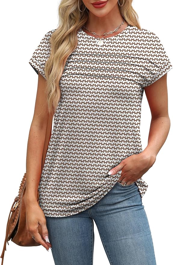 WEESO Womens Summer Tops Trendy 2026 Cap Sleeve T Shirts Crew Neck Pleated Front Beach Vacation Clothes Fashion