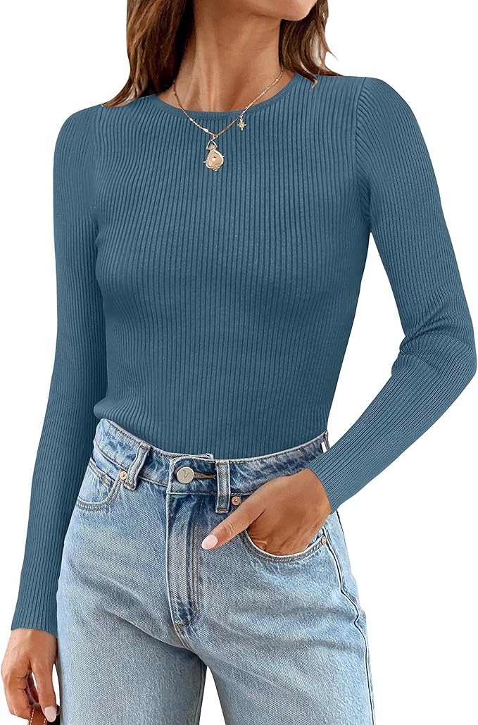 ZESICA Women's Long Sleeve Crewneck Shirts 2026 Fall Ribbed Knit Sweater Slim Fitted Casual Basic Tee Tops