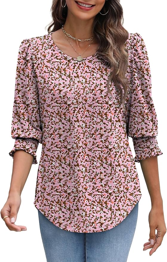 XIEERDUO Blouses for Women Dressy Casual 3/4 Length Sleeve Womens Tops with Smocked Cuffs
