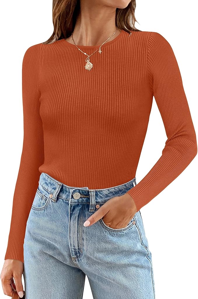 ZESICA Women's Long Sleeve Crewneck Shirts 2026 Fall Ribbed Knit Sweater Slim Fitted Casual Basic Tee Tops