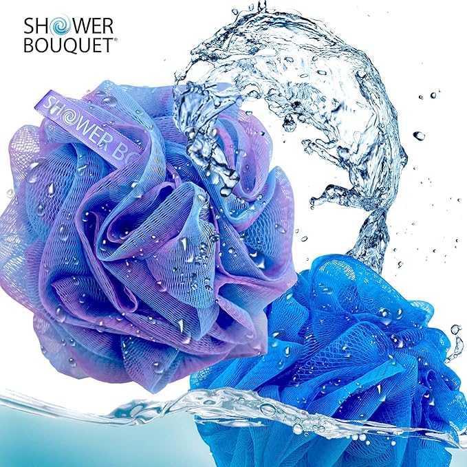 SHOWER BOUQUET Loofah Bath-Sponge XL Swirl-Deep-4-Pack // Extra Large 75g Soft Mesh Net Luffa Loofa Loufa Lufa Puff Set/Exfoliating Body Scrubber for Women and Men - Exfoliate & Soothe Face & Body