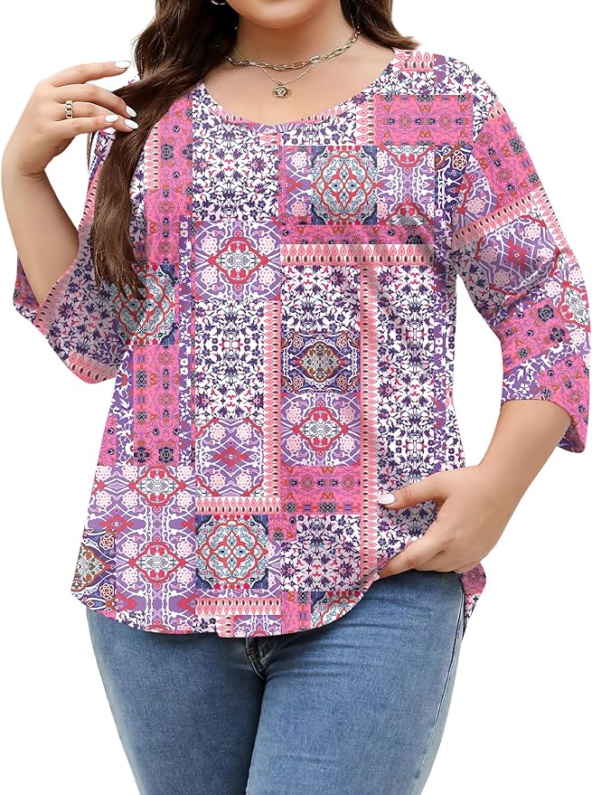 TFSDOD Womens Plus Size Tops V Neck T Shirts 3/4 Sleeve Blouse Summer Casual Tees XL-5X