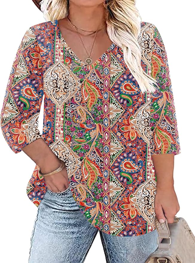 TFSDOD Womens Plus Size Tops V Neck T Shirts 3/4 Sleeve Blouse Summer Casual Tees XL-5X