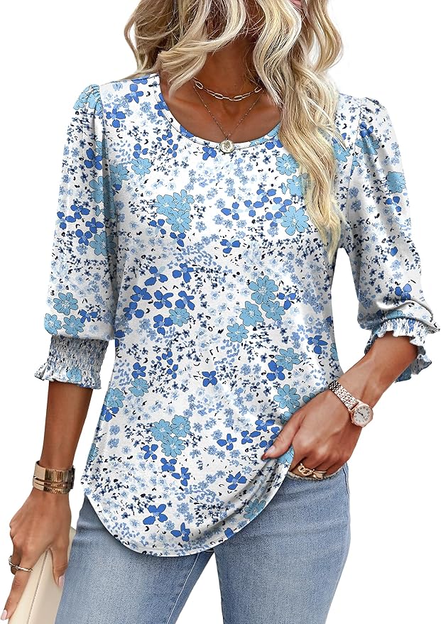 XIEERDUO Blouses for Women Dressy Casual 3/4 Length Sleeve Womens Tops with Smocked Cuffs