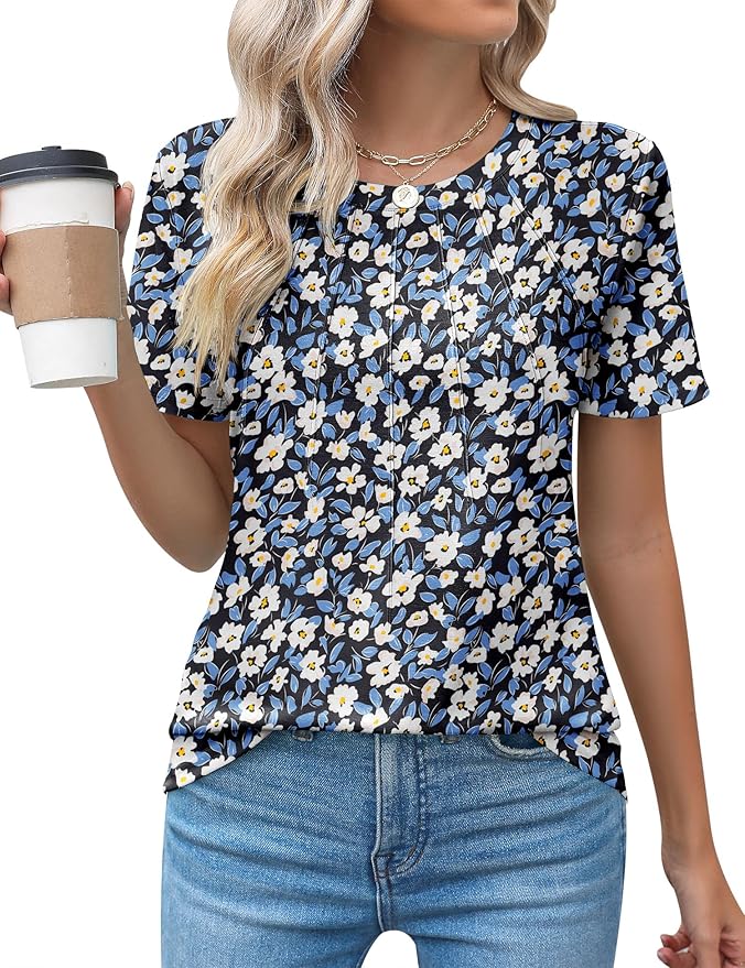 Kistore Womens Casual Crew Neck Short Sleeve Pleated Tops Blouses Fashion Clothes 2026