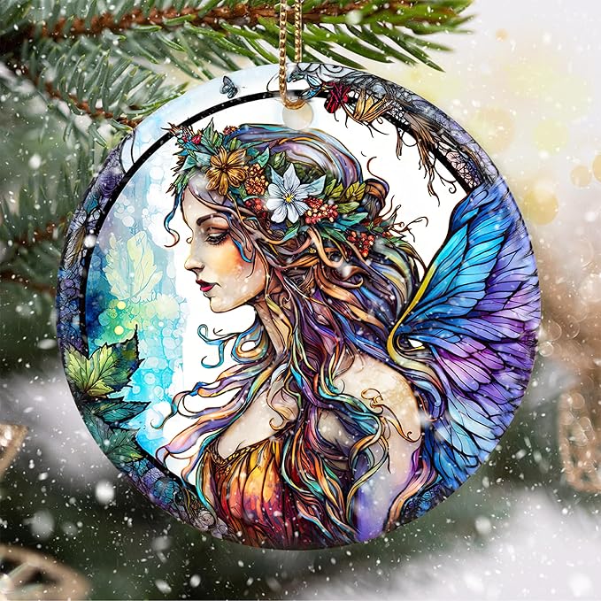 Stained Ceramic Fairy Ornament - Fairy Christmas Ornaments - Christmas Tree Ornaments - Christmas Decorations - Fairy Decor for Office, Room, Home - Holiday Present Ideas - B