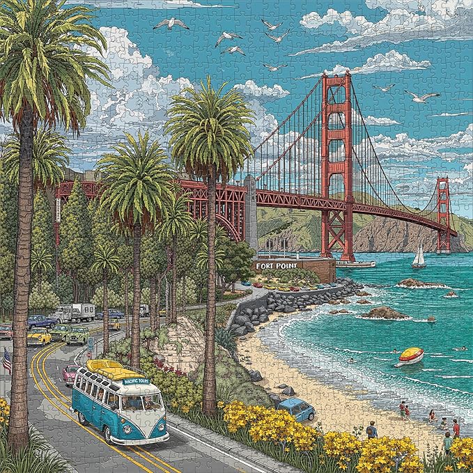 Naturelish 1000 Piece Jigsaw Puzzle for Adults, Cityscape Jigsaw Puzzle, Vibrant California Coastline with Golden Gate Bridge, Palm Trees & Tour Bus, Challenging Art Puzzle, 22.5 x 22.5 in