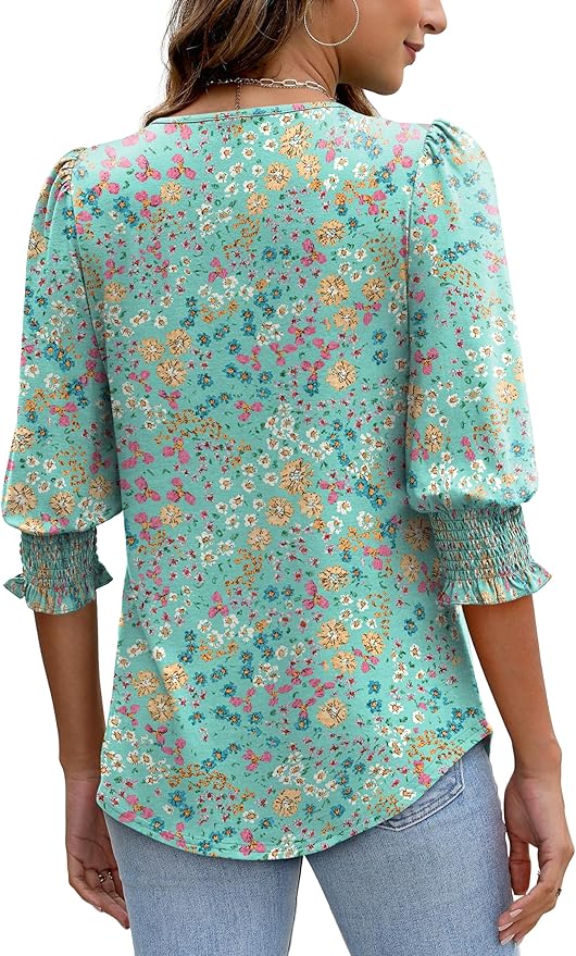 XIEERDUO Blouses for Women Dressy Casual 3/4 Length Sleeve Womens Tops with Smocked Cuffs