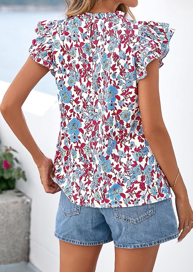 PRETTYGARDEN Women's Ruffle Short Sleeve Summer Tops 2026 Trendy Floral Trim Neck Casual Dressy Chiffon Boho Blouses Shirts