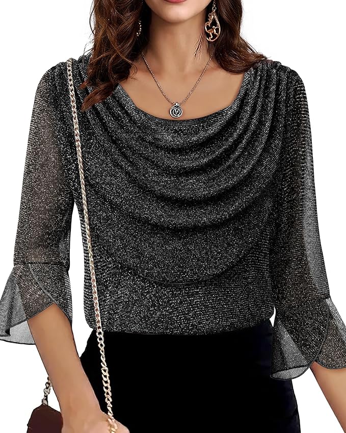 Lotusmile Blouses for Women Dressy Casual 3/4 Sleeve Cowl Neck Sparkly Tops Cocktail Shirts for Evening Party