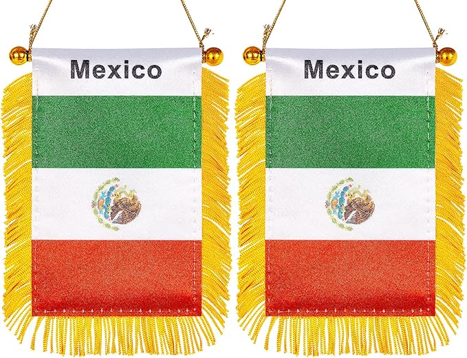 ZXvZYT 3 X 5 Inch Mexico Window Hanging Flag Mexican Small Mini Car Flags Banners Rearview Mirror Decoration - with Suction Cup & Golden Fringy Banner(2 Pack)