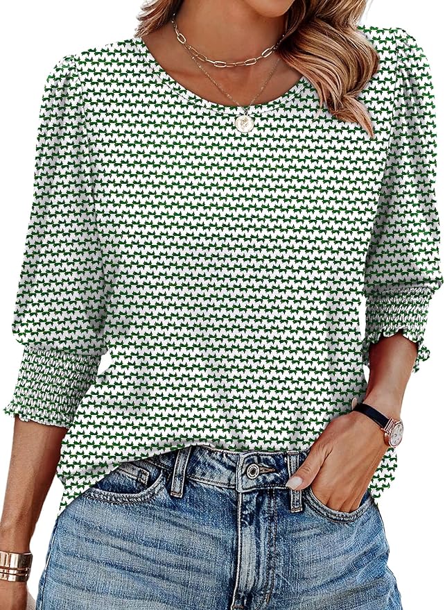 XIEERDUO Blouses for Women Dressy Casual 3/4 Length Sleeve Womens Tops with Smocked Cuffs