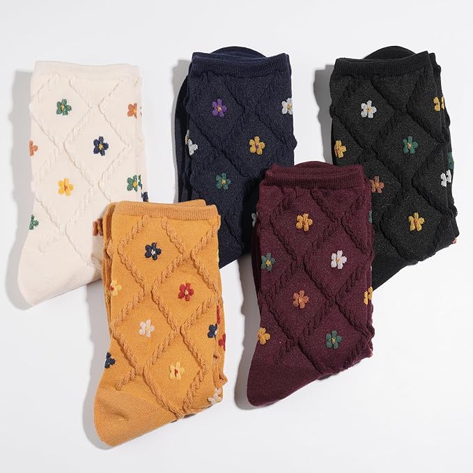 Kikiya Women's Cotton Crew Socks - Cute Flower Graphic Polka Dot Striped Heart Patterned - Ladies Girls Casual Socks Size 6-8