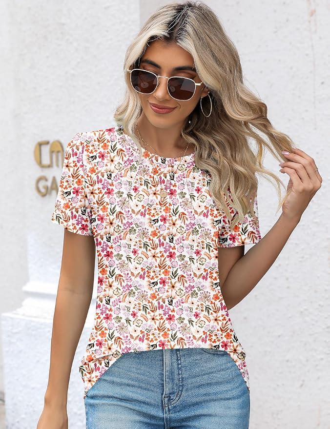 Kistore Womens Casual Crew Neck Short Sleeve Pleated Tops Blouses Fashion Clothes 2026