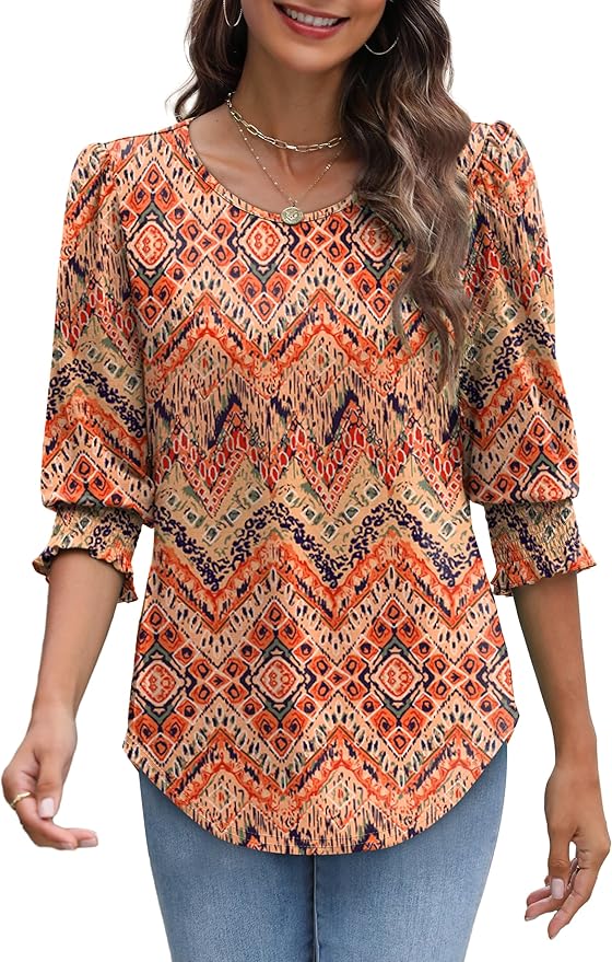 XIEERDUO Blouses for Women Dressy Casual 3/4 Length Sleeve Womens Tops with Smocked Cuffs