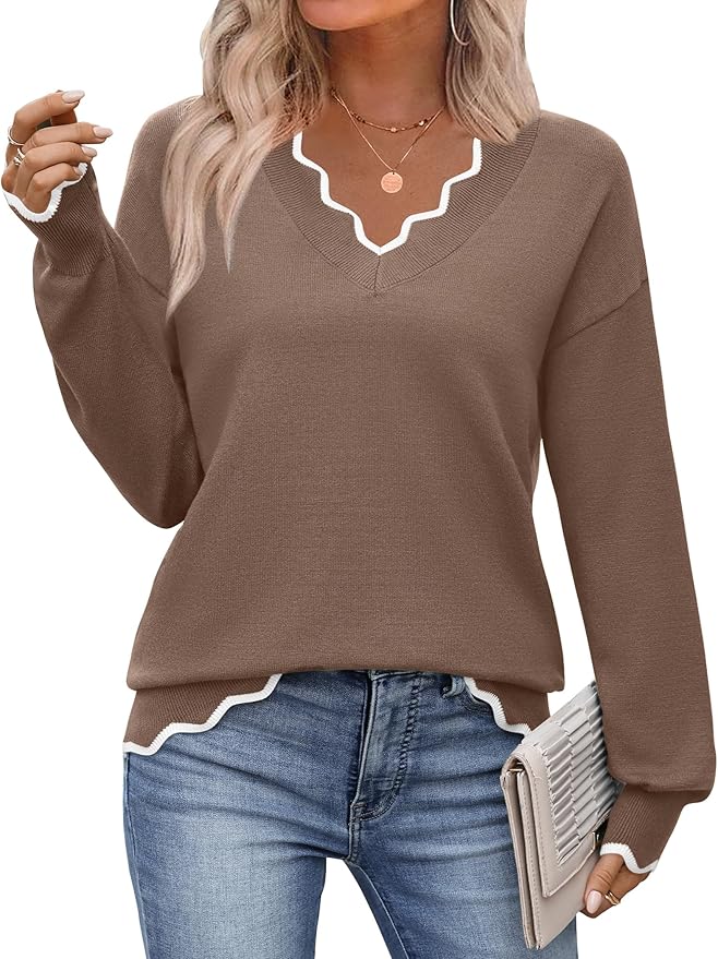 Zeagoo Women's 2026 Fall V Neck Sweater Casual Long Sleeve Lightweight Ribbed Knit Pullover Sweaters Dressy Casual Tops