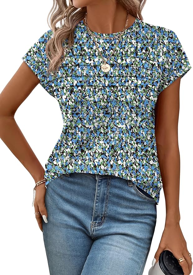 WEESO Womens Summer Tops Trendy 2026 Cap Sleeve T Shirts Crew Neck Pleated Front Beach Vacation Clothes Fashion