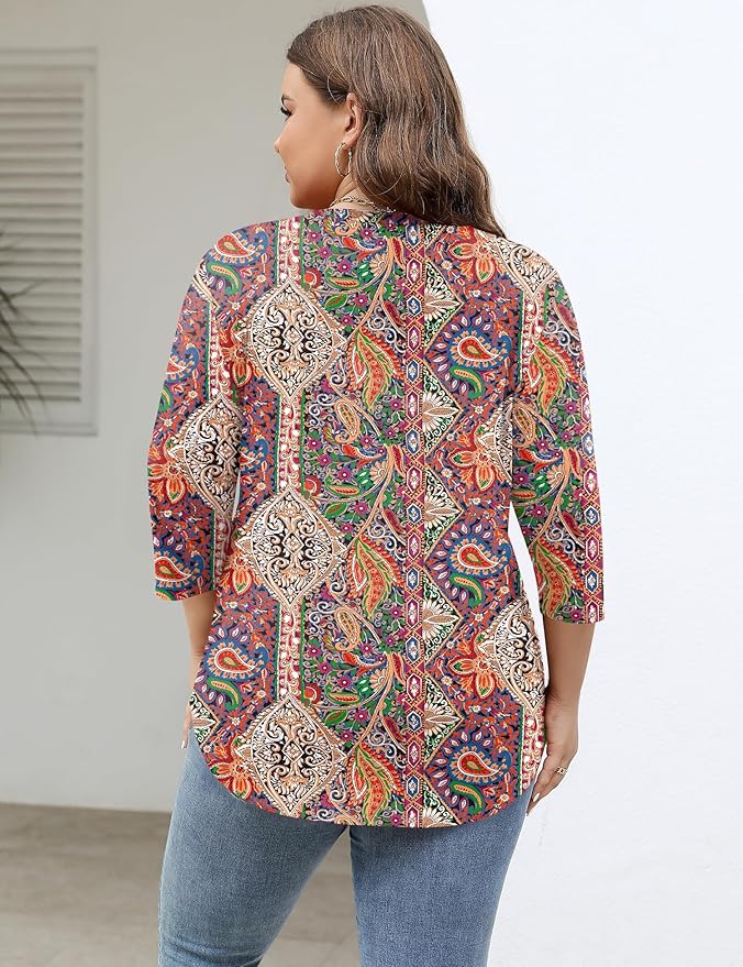 TFSDOD Womens Plus Size Tops V Neck T Shirts 3/4 Sleeve Blouse Summer Casual Tees XL-5X