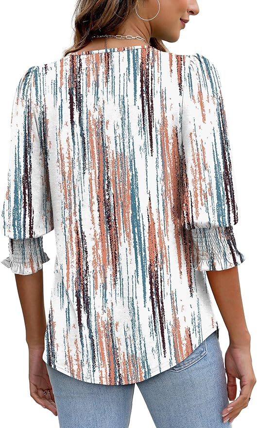 XIEERDUO Blouses for Women Dressy Casual 3/4 Length Sleeve Womens Tops with Smocked Cuffs