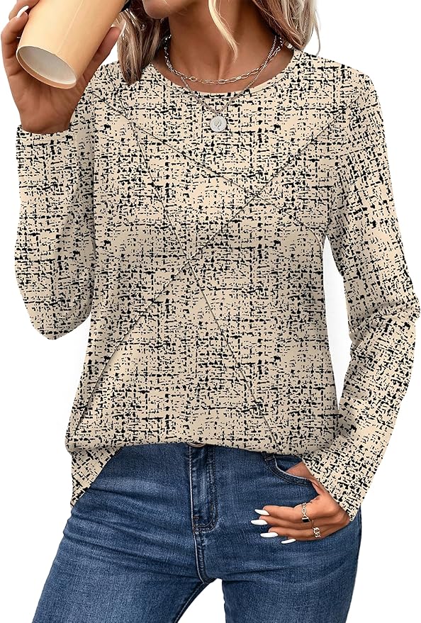 XIEERDUO Long Sleeve Shirts for Women Business Casual Tops Trendy Crewneck Fall T Shirts Pleated Loose Fit