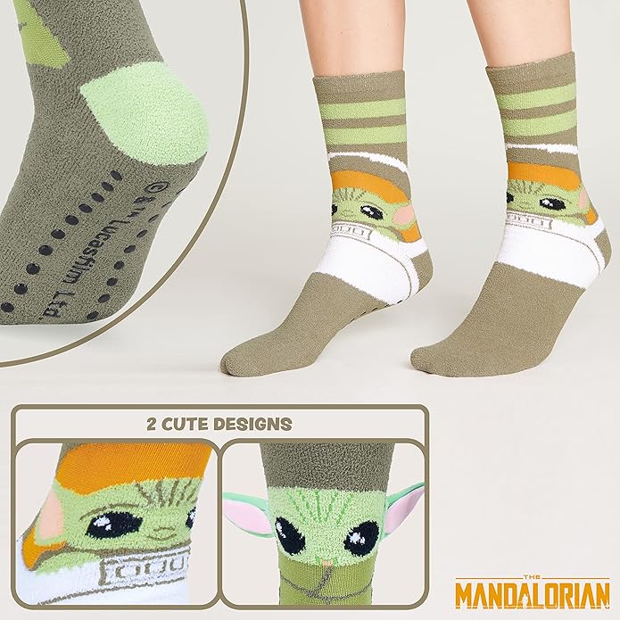 Disney Slippers Socks for Women & Teens US Size 4-9, Pack of 2 Non Slip Fleece Winter Socks, Soft & Fluffy, Gifts for Her