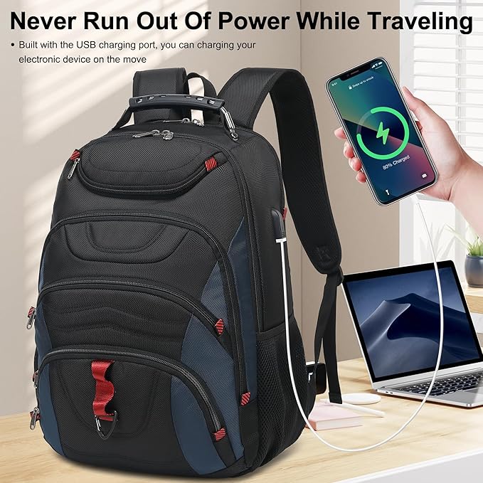 Boavan Laptop Backpack for men, 17.3 inch Laptop Bag with USB Port, Waterproof Travel Work Backpack Purse, Anti-Theft Teacher Nurse Doctor Casual Bookbags Office Business backpack，Black&Classic Navy