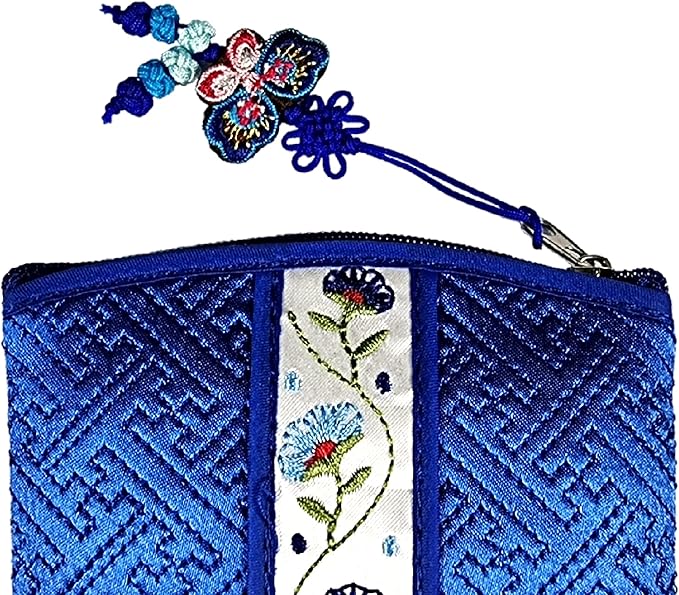 Seoulful Vintage Korean Embroidered Card Pouch - Wildflower Design Coin Purse with Butterfly Charm - Traditional Korean New Year's Gifts (Blue)