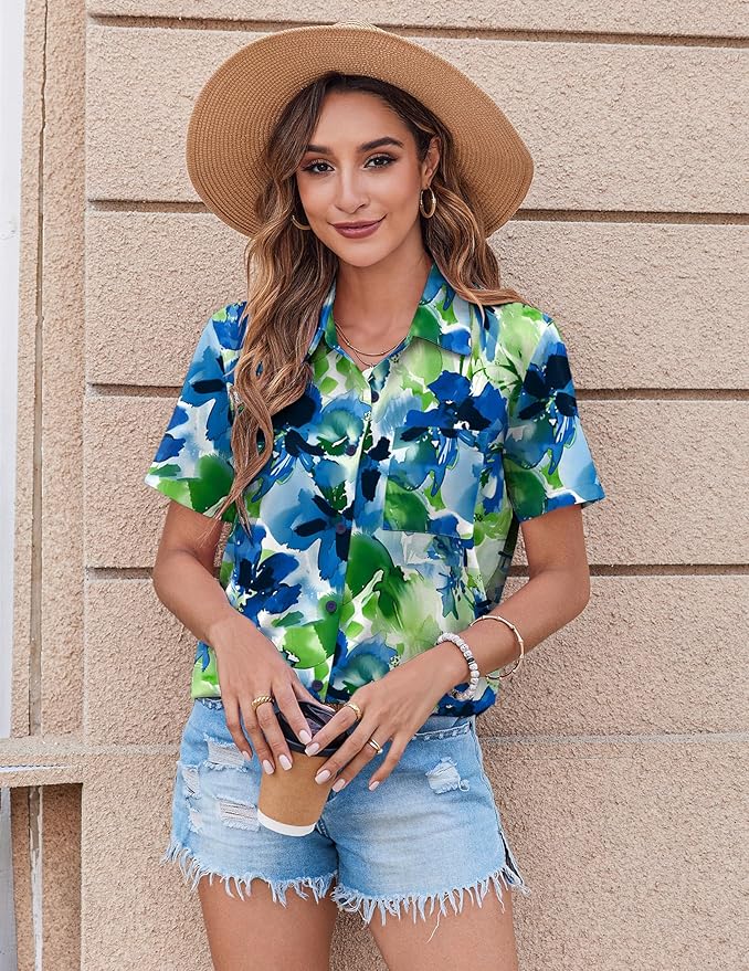 Zeagoo Womens Button Down Shirt Bust Pocket Short Sleeve Blouses Business Casual Work Tops Summer Outfits