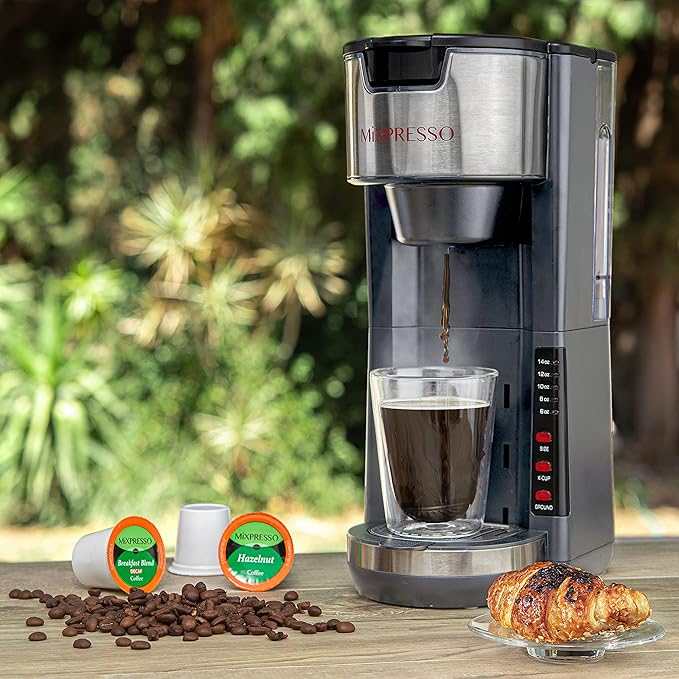 Mixpresso Gray Single Serve Coffee Brewer K-Cup Pods Compatible & Ground, 30 oz Compact Coffee Maker Single Serve With 5 Brew Sizes Up To 14 Oz, Fits Travel Mug, Adjustable Drip Tray