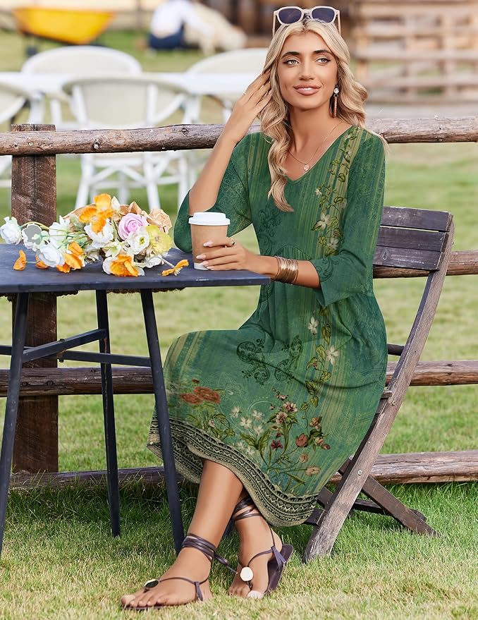 ZEAGOO 3/4 Sleeve Women's Dress Casual Flowy A-Line Midi Tshirt Dresses with Pocket Empire Waist Summer Boho Beach Sundress