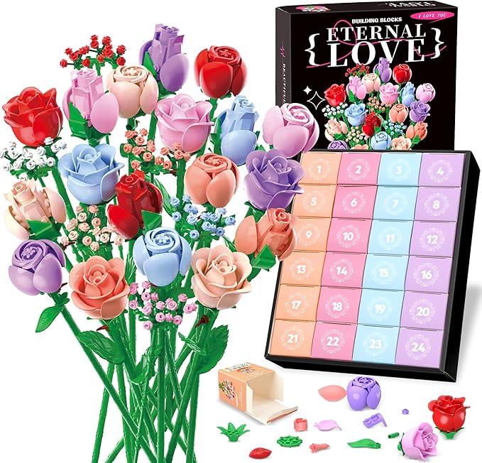 Sopu Colorful Rose Bouquet Flowers Building Set, 24 Boxes 1380Pcs Artificial Flowers Botanical Collection Flowers for Adults Valentines Day Gifts for Her Women Wife Girlfriend Mom