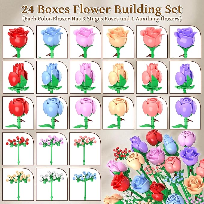 Sopu Colorful Rose Bouquet Flowers Building Set, 24 Boxes 1380Pcs Artificial Flowers Botanical Collection Flowers for Adults Valentines Day Gifts for Her Women Wife Girlfriend Mom