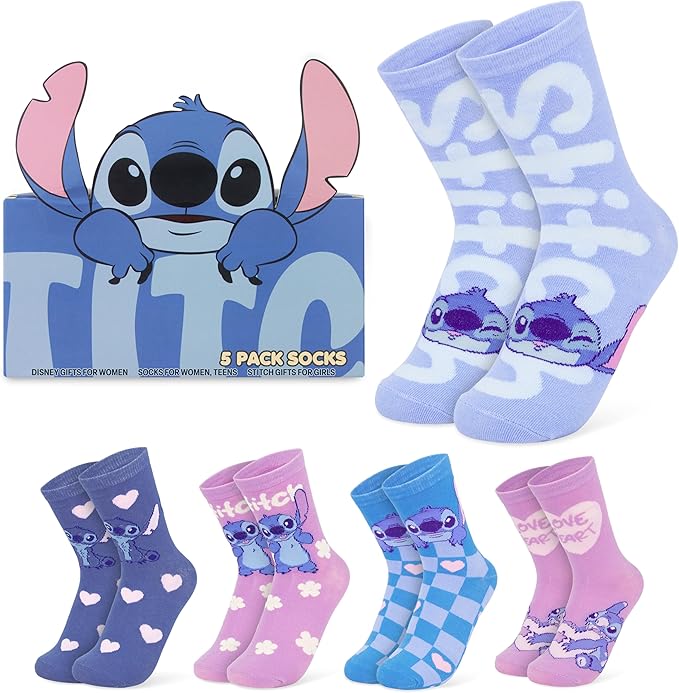 Disney Socks for Women, Teens, 5 Pack Soft Breathable Crew Character Socks for Lounging, Daily Wear, Funny Gifts for Women