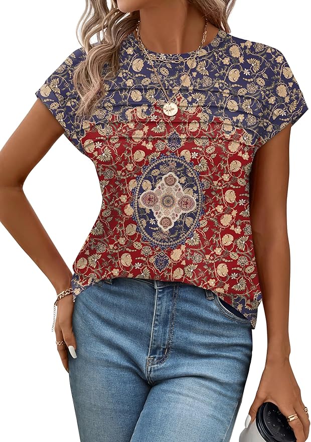 WEESO Womens Summer Tops Trendy 2026 Cap Sleeve T Shirts Crew Neck Pleated Front Beach Vacation Clothes Fashion