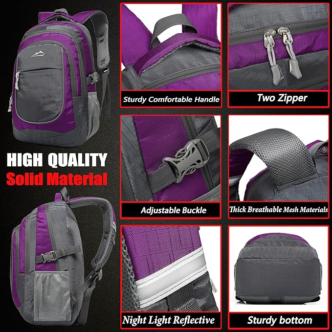 ProEtrade Backpack Bookbag for College Sturdy Travel Business Hiking Fit Laptop Up to 15.6 Inch Multi Compartment Gifts for Men Women Night Light Reflective (Purple A)