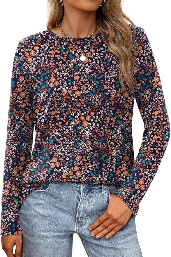 XIEERDUO Long Sleeve Shirts for Women Casual Crew Neck Basic Fall Tops Loose Fit Comfy