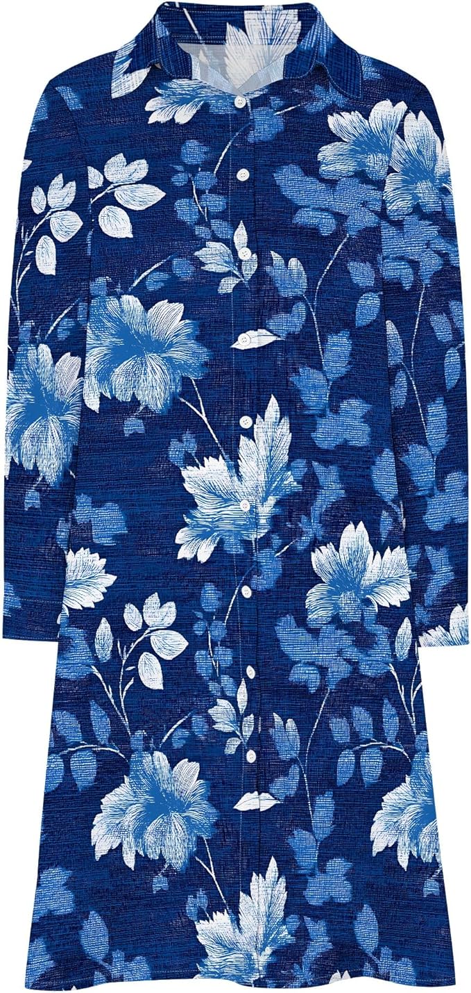 Shirt Dresses for Women 2025 Summer Long Sleeve Casual Plus Size Floral Printed Beach Vacation Dress with Pockets