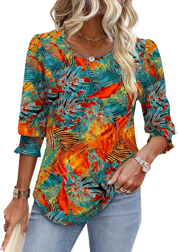 XIEERDUO Blouses for Women Dressy Casual 3/4 Length Sleeve Womens Tops with Smocked Cuffs