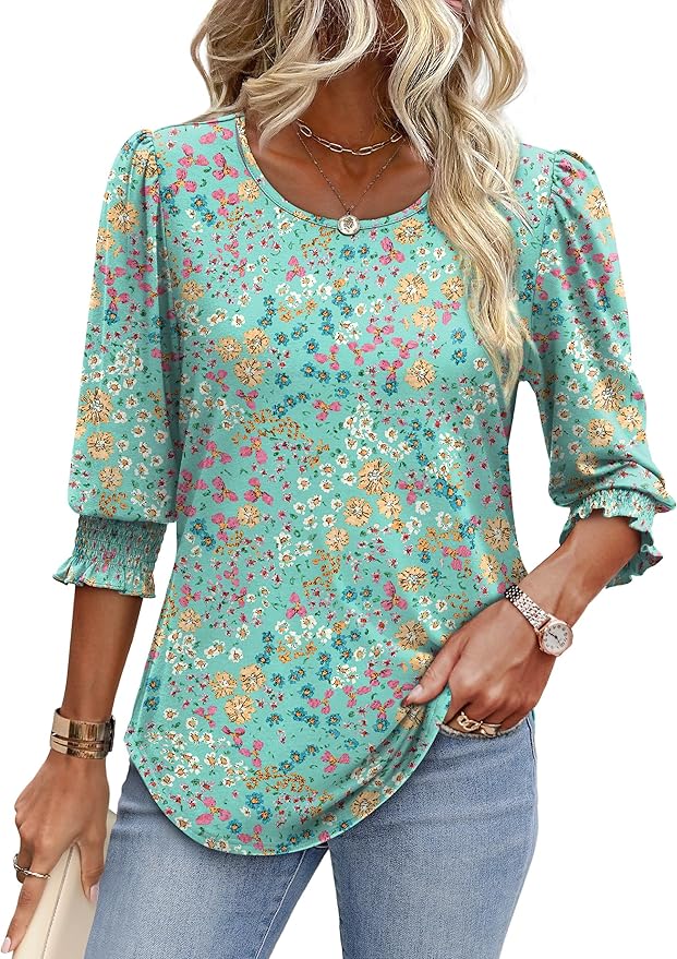 XIEERDUO Blouses for Women Dressy Casual 3/4 Length Sleeve Womens Tops with Smocked Cuffs