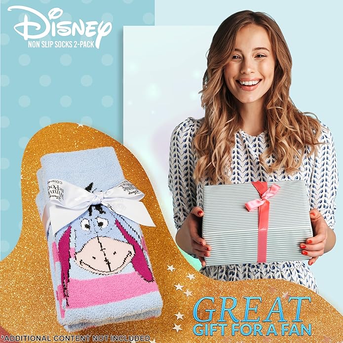 Disney Slippers Socks for Women & Teens US Size 4-9, Pack of 2 Non Slip Fleece Winter Socks, Soft & Fluffy, Gifts for Her