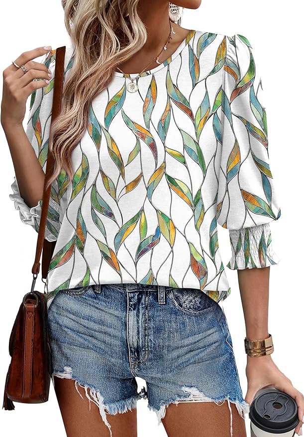 XIEERDUO Blouses for Women Dressy Casual 3/4 Length Sleeve Womens Tops with Smocked Cuffs