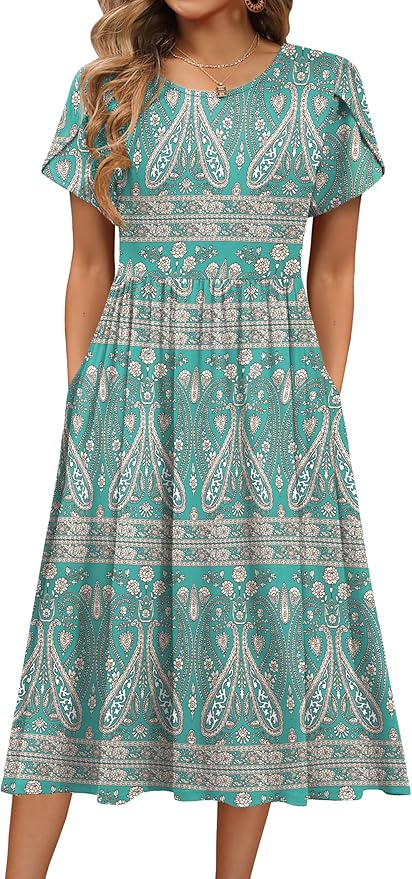 HOTOUCH Women's Summer A-Line Midi Dresses 2026 Casual Floral Short Sleeve T-Shirt Dress Flowy Beach Sundress with Pockets