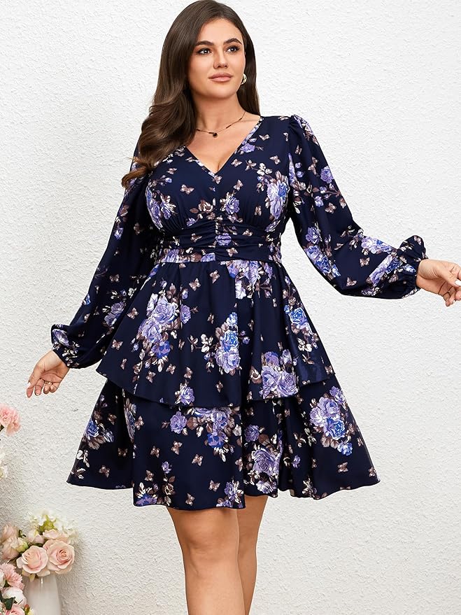 RWJ Plus Size Dresses for Curvy Women V Neck Long Sleeve Elastic Waist Fall Wedding Guest Layer Casual Mini Dress