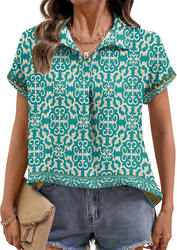 LOMON Women Blouses Spring Summer Tops for Women 2026 Short Sleeve V Neck Dressy Casual Collared Shirts Work Office