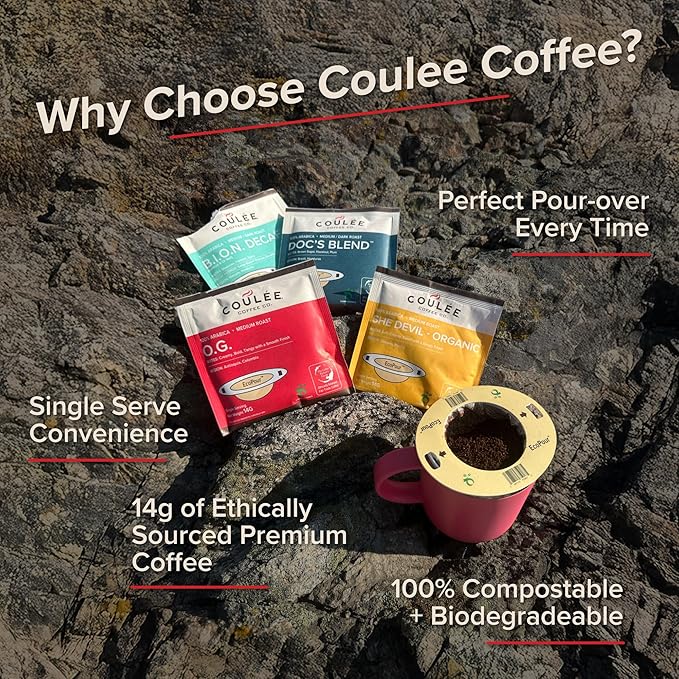 Coulée EcoPour O.G. Coffee, All Paper Single Serve Pour Over Colombian Coffee, Medium Roast, Use for Camping or Traveling, Pre Filled Compostable Filters, Ready to Brew with Hot Water, Plastic Free, 10 Pack