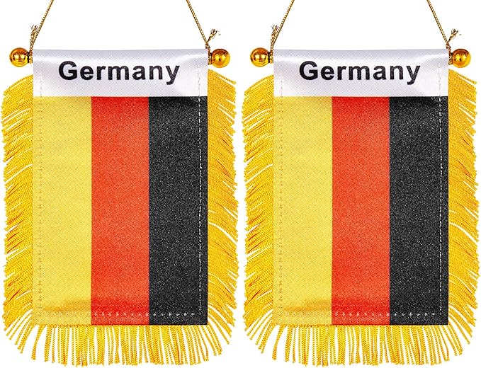 ZXvZYT 3 X 5 Inch Germany Window Hanging Flag German Small Mini Car Flags Banners Rearview Mirror Decoration - with Suction Cup & Golden Fringy Banner(2 Pack)