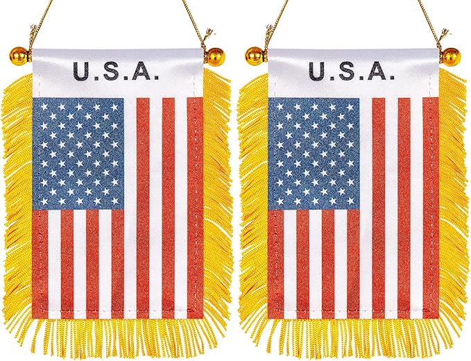 ZXvZYT 3 X 5 Inch America USA Window Hanging Flag US Small Mini Car Flags Banners Rearview Mirror Decoration - with Suction Cup & Golden Fringy Banner(2 Pack)